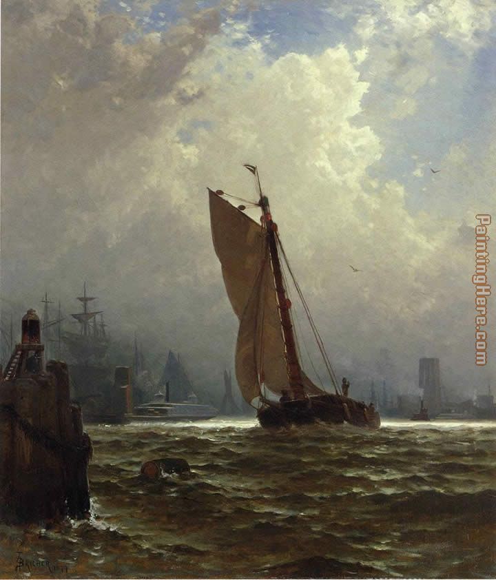 New York Harbor with the Brooklyn Bridge Under Construction painting - Alfred Thompson Bricher New York Harbor with the Brooklyn Bridge Under Construction art painting